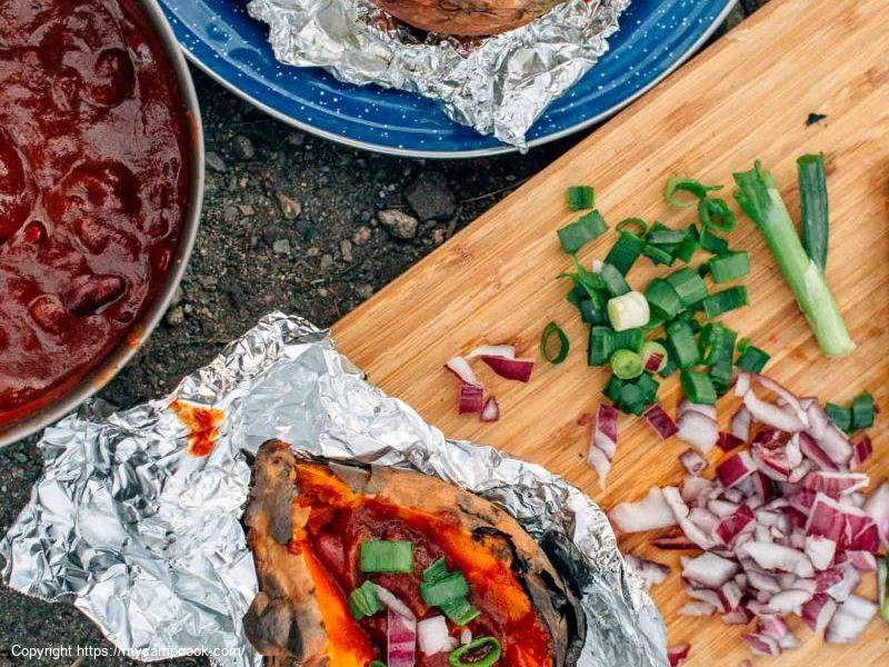 Foil Wrapped Baked Sweet Potatoes and Chili